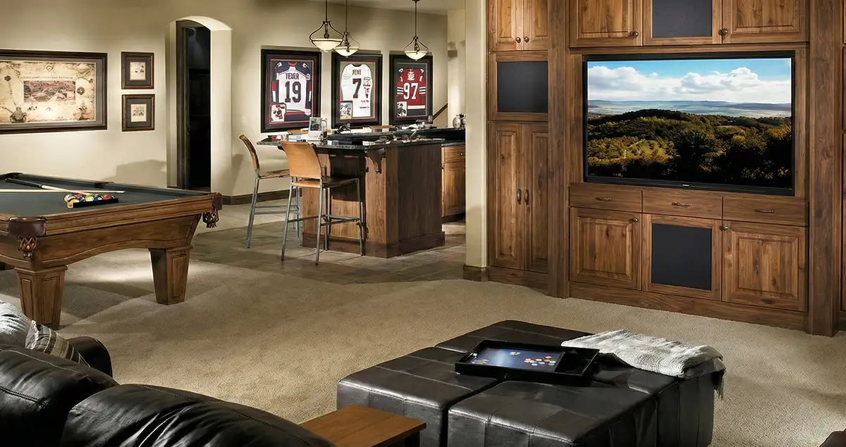 finished basement remodeling project transforming a basement into a comfortable living space in Overland Park, KS