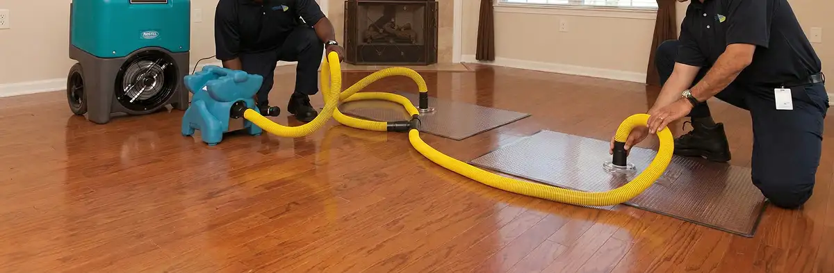 emergency water removal technicians extracting standing water from a home using professional equipment in Overland Park, KS