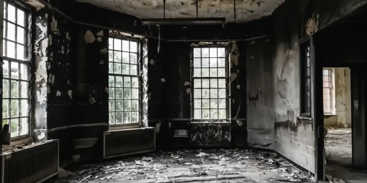fire damage repair addressing severe interior damage and smoke residue inside a burned home in Overland Park, KS