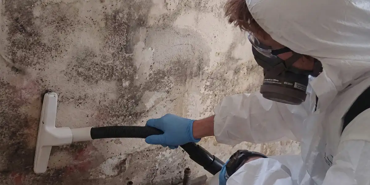 professional mold removal technician wearing protective equipment removing mold from a wall in Overland Park, KS