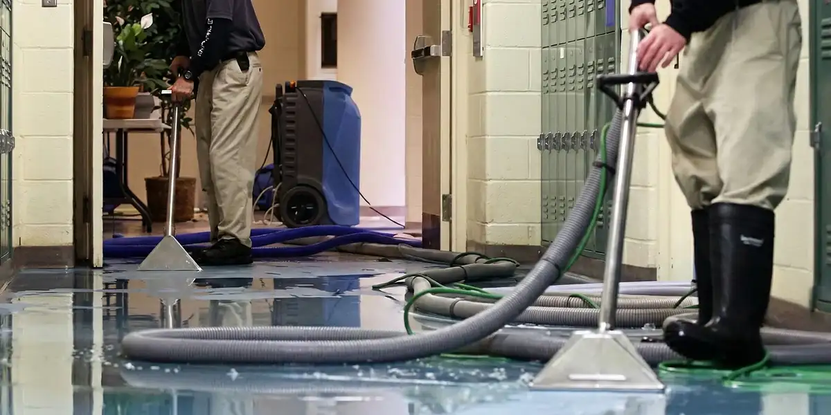 water damage restoration technicians performing professional water extraction inside a property in Overland Park, KS